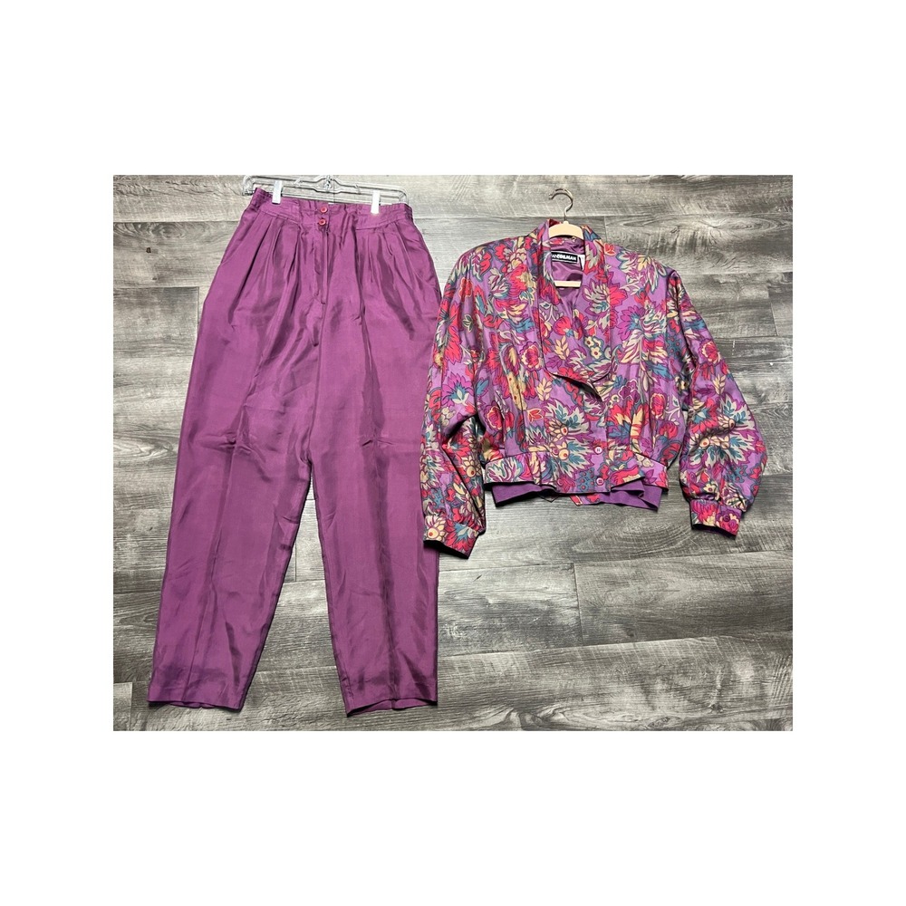 VTG Haband 2 Piece Set Floral Bomber Silk Jacket Pleated Tapered Pants Purple